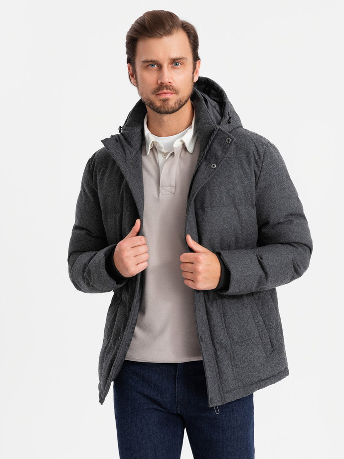 Casualowa męska kurtka puffer z wełną – czarny melanż V2 OM-JAHP-0203