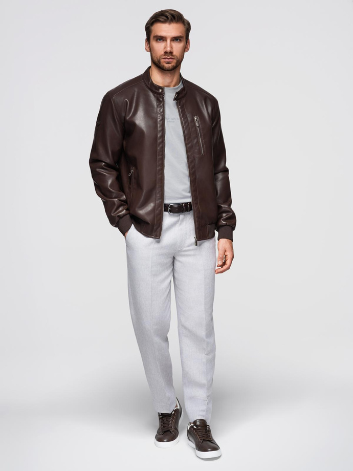 Men's imitation leather jacket with ribbed hem - dark brown V1 OM-JAFL-0109