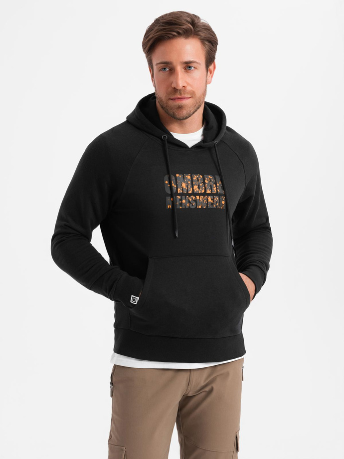 Men's kangaroo sweatshirt with hood and print - black V2 OM-SSPS-0155