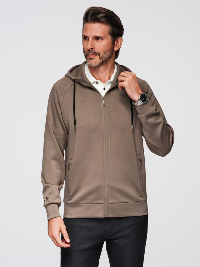 Men's unbuttoned sweatshirt with stand-up collar and hood - gray-brown V3 OM-SSZP-0216