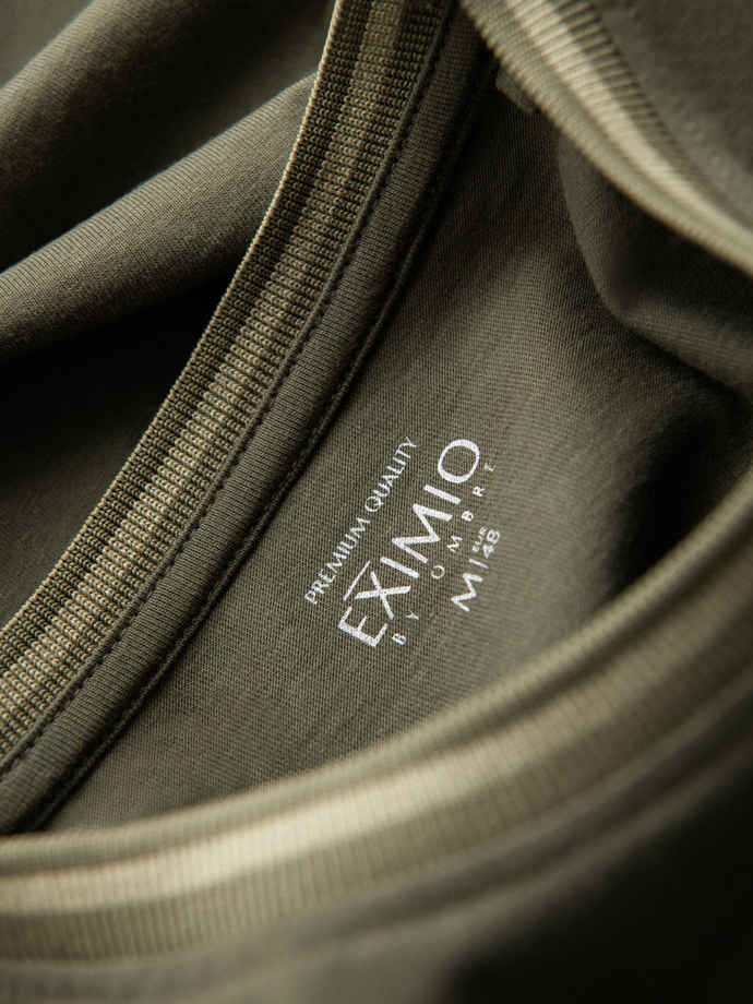 Bawełniany męski longsleeve z dekoltem U w paski i haftem – oliwkowy V1 OM-LSCL-0128