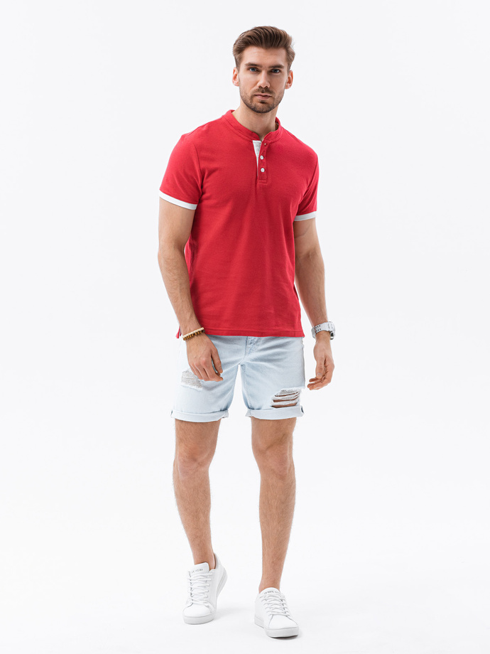T-shirt męski polo bez kołnierzyka - czerwony V2 S1381