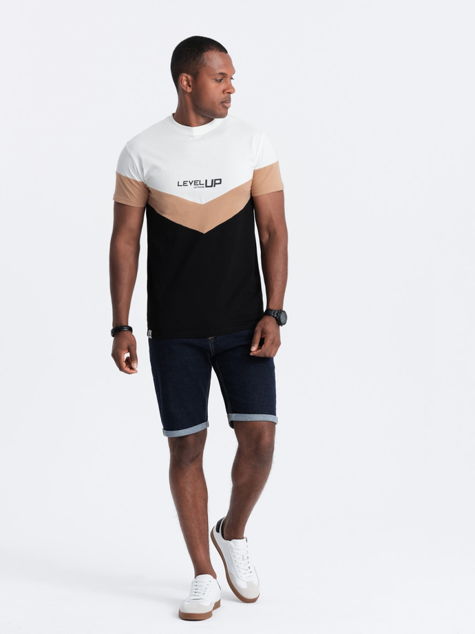 T-shirt męski bawełniany trójkolorowy z logo - czarno-brązowy V3 S1747