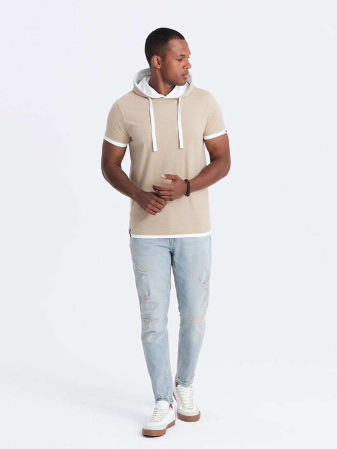 Men's casual cotton t-shirt with hood - beige V5 OM-TSCT-22SS-001