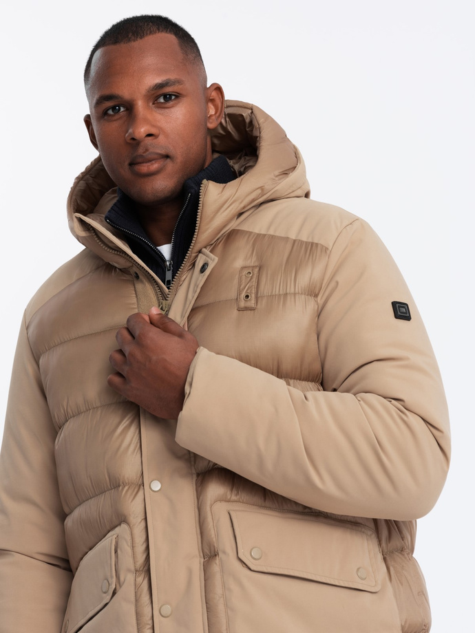 Men's long quilted jacket with large pockets - beige V2 OM-JALJ-0165