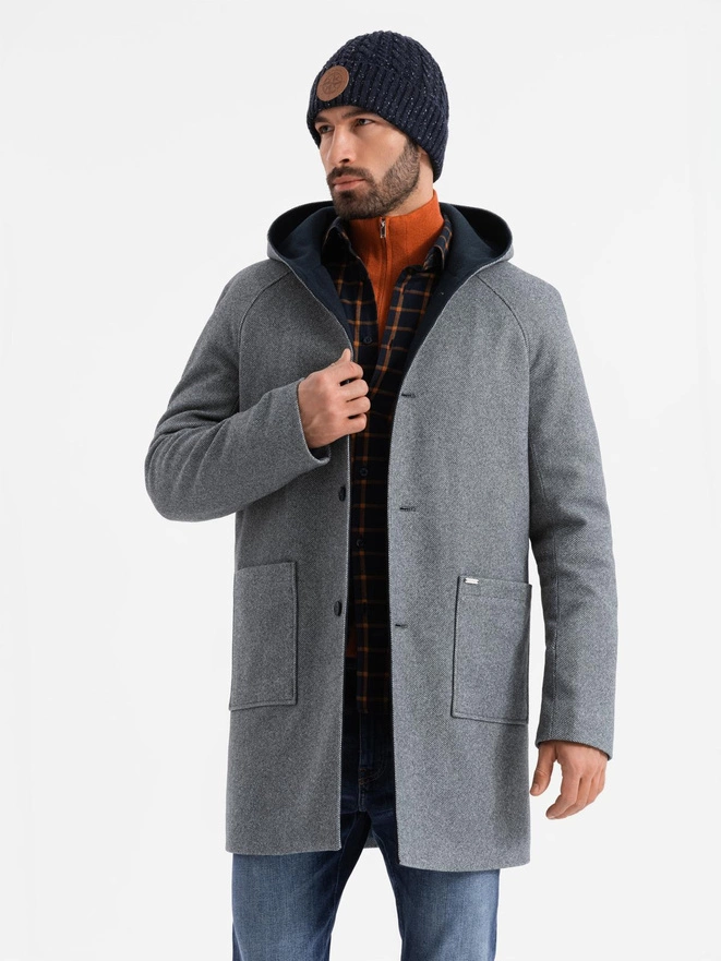 Men's melange long coat with hood - grey V1 OM-COWC-0122