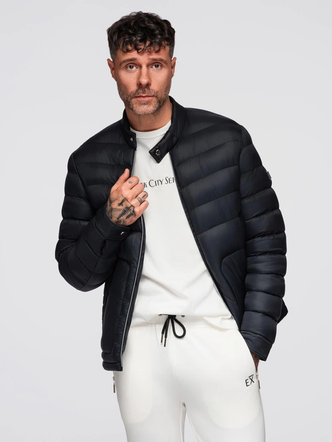 Men's imitation leather jacket with ribbed hem - dark brown V1 OM-JAFL-0109