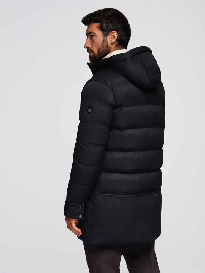 Men's long quilted jacket with hood - black V1 OM-JALJ-0264