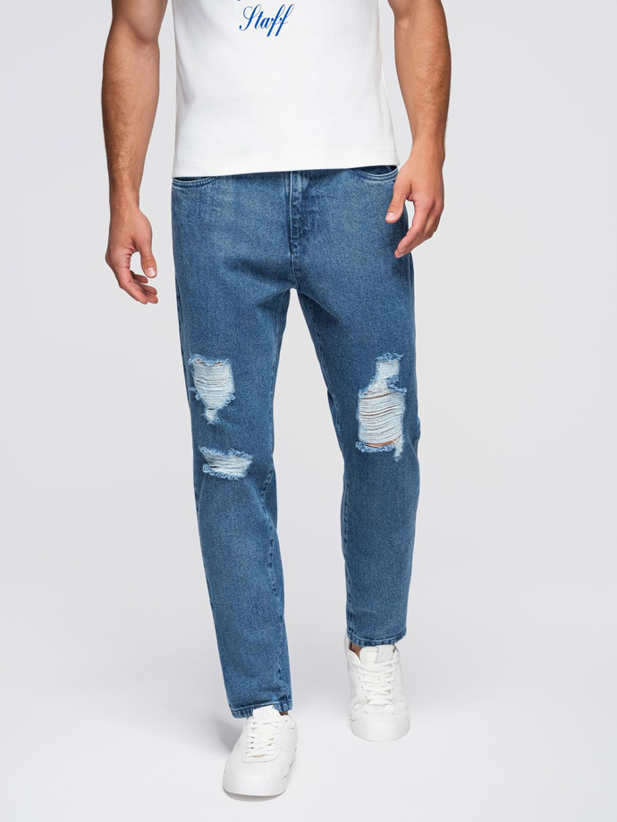 Jeansowe spodnie męskie CARROT FIT z przetarciami – niebieskie V2 OM-PADP-0250