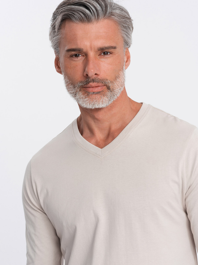 Longsleeve męski bez nadruku z dekoltem w serek - jasnobeżowy V1 OM-LSBL-0108