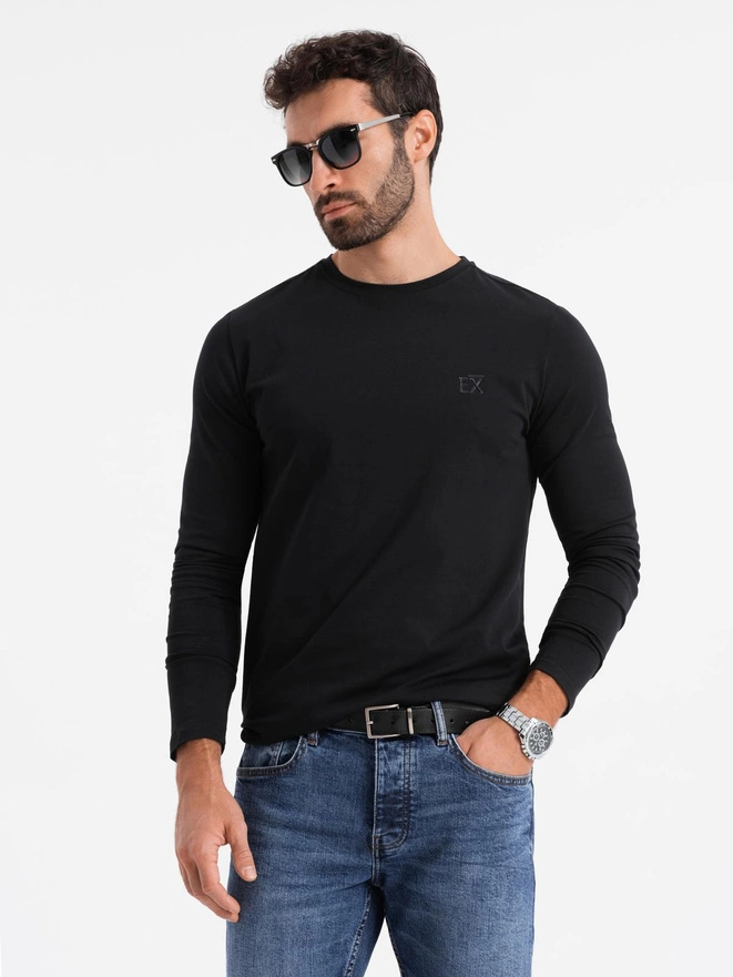 Men's SLIM FIT longsleeve with elastane and print - black V1 OM-LSBC-0124