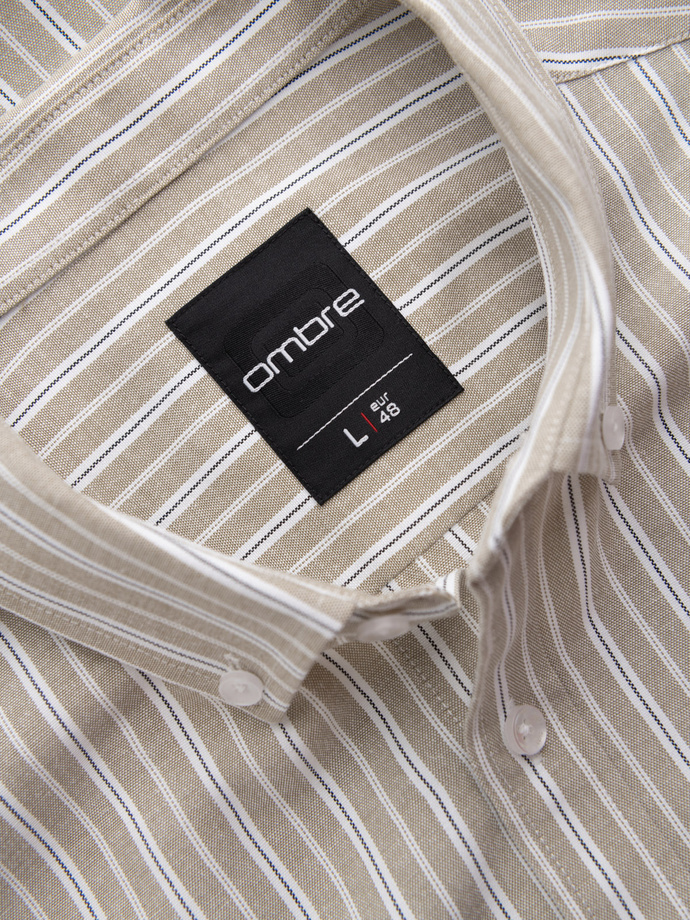 Men's cotton REGULAR FIT shirt with fine stripes - beige V1 OM-SHOS-0170