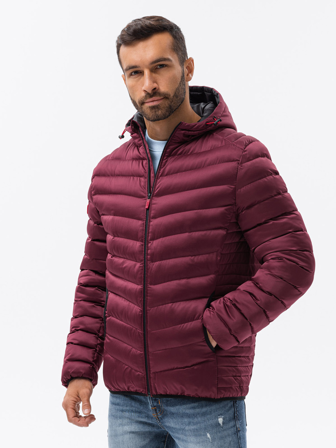 Men's quilted jacket with satin finish - maroon V16 OM-JALP-0121