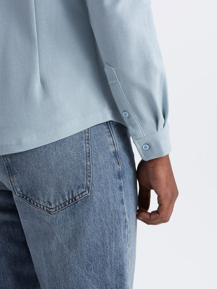Męska dzianinowa koszula SLIM FIT z długim rękawem – błękitna V3 OM-SHCS-0177