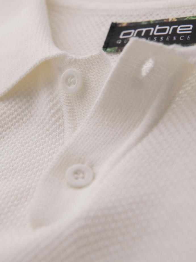 Bawełniana koszulka męska polo ze strukturalnej dzianiny – złamana biel V4 OM-POSS-0117