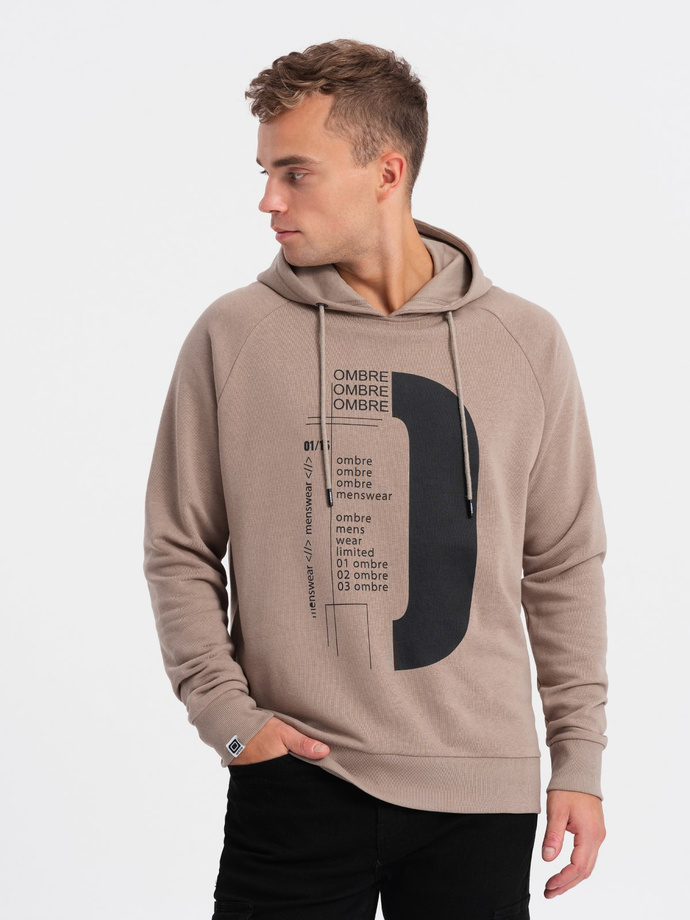 Męska bluza z nadrukiem HOODIE - ciemnobeżowa V2 OM-SSPS-0152