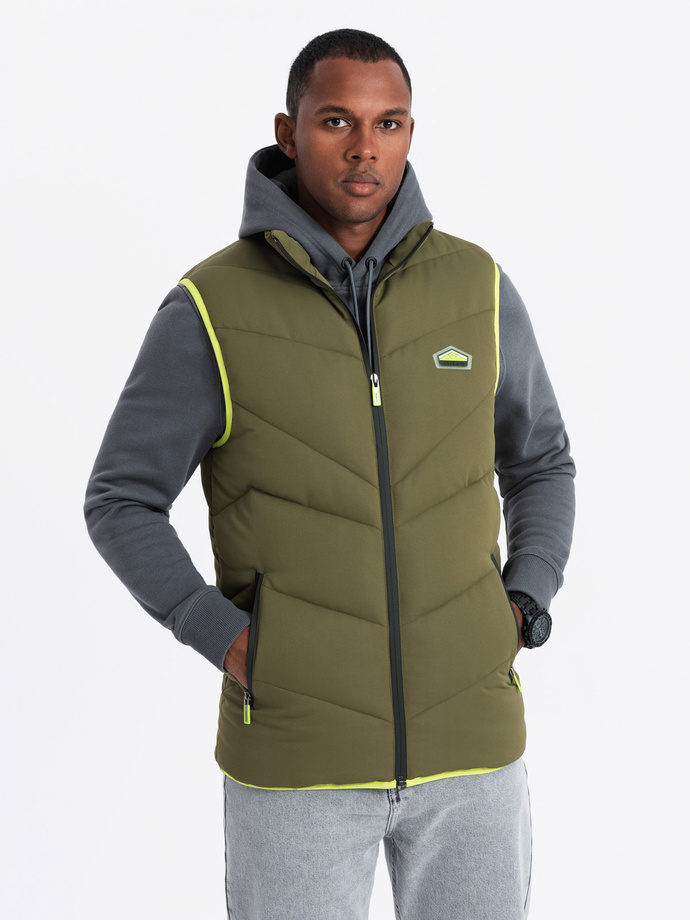 Men's quilted sleeveless jacket with neon accents - olive V5 OM-JAVJ-0210