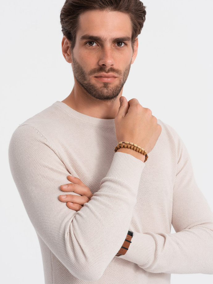 Men's textured sweater with half round neckline - beige V6 OM-SWSW-0104