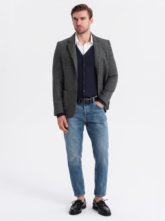 Męska marynarka w kratę z dodatkiem wełny - grafitowa V2 OM-BLZB-0117