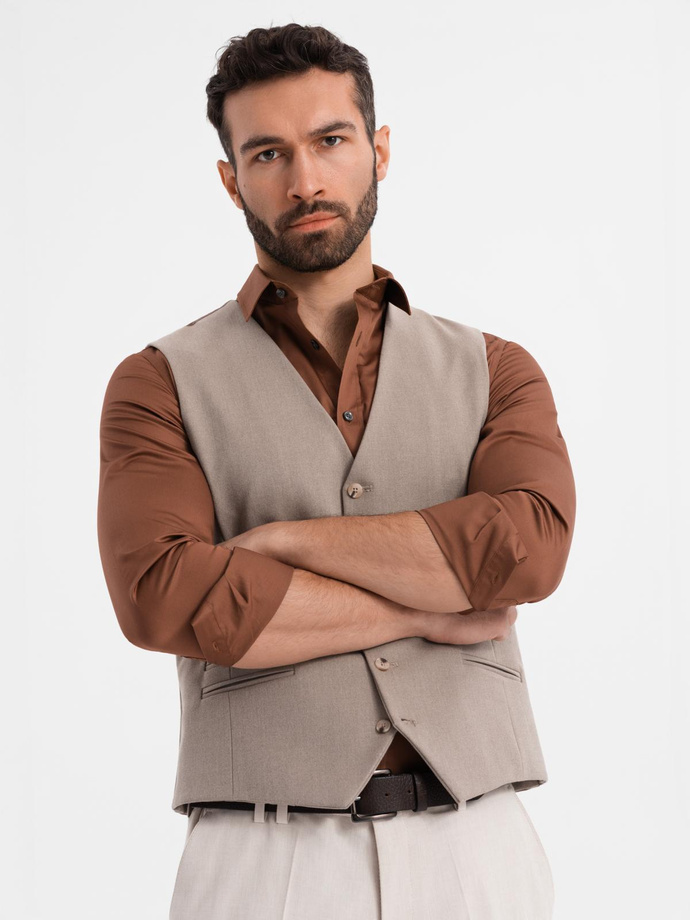 Men's suit vest with classic detailing and lining - beige V1 OM-BLZV-0142