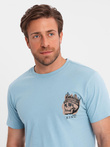 Men's cotton t-shirt with chest print - light blue V2 OM-TSPT-0167