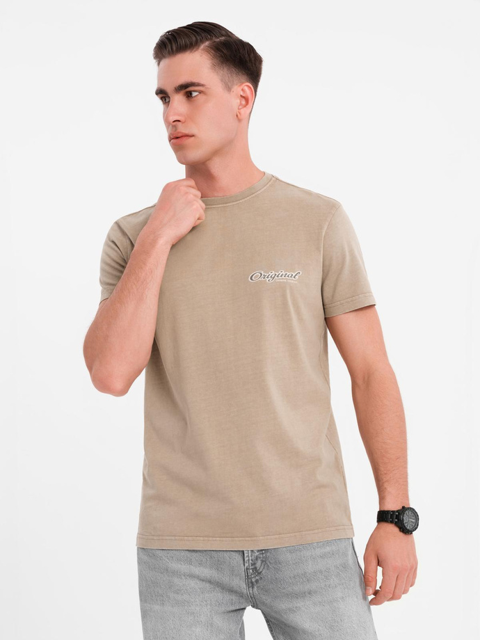 Cotton T-shirt with print on chest and back - dark beige V2 OM-TSWT-0201