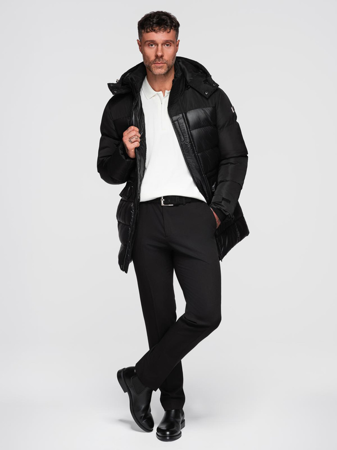 Men's quilted jacket with high collar and hood - black V1 OM-JALJ-0266