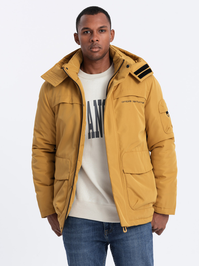 Men's insulated jacket with hood - mustard V2 OM-JAHP-0128