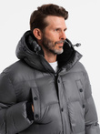 Men's long puffer jacket with snap pockets - graphite V1 OM-JALJ-0186