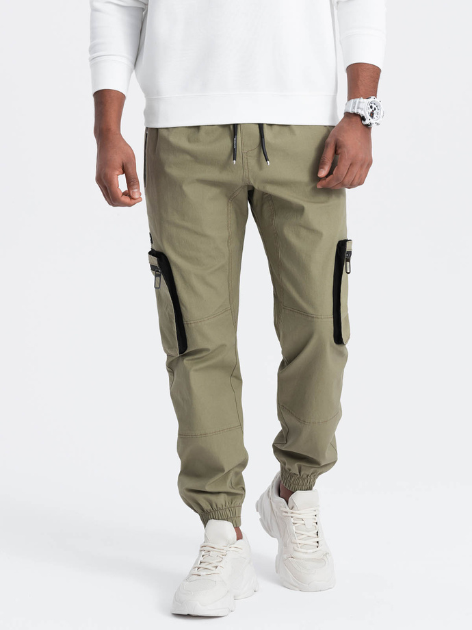 Men's JOGGER pants with zippered cargo pockets - light olive V1 OM-PAJO-0135