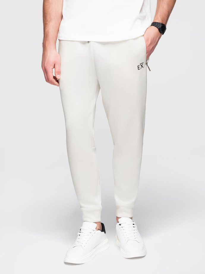 Men's sweatpants with ribbed legs and rubber print - white V2 OM-PASK-0223