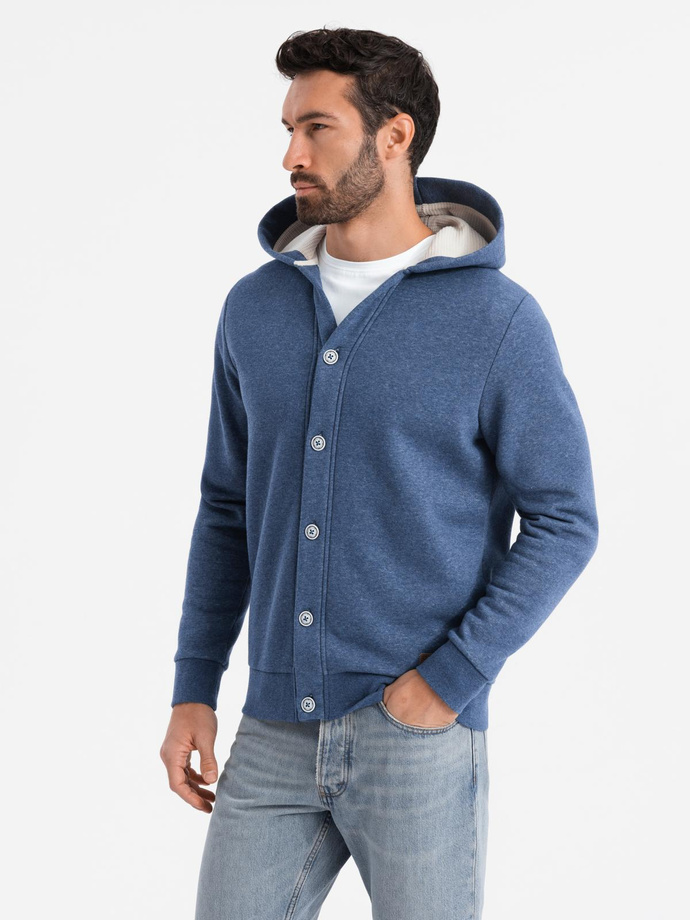 Men's button-down hooded sweatshirt - navy blue melange V1 OM-SSZP-0186