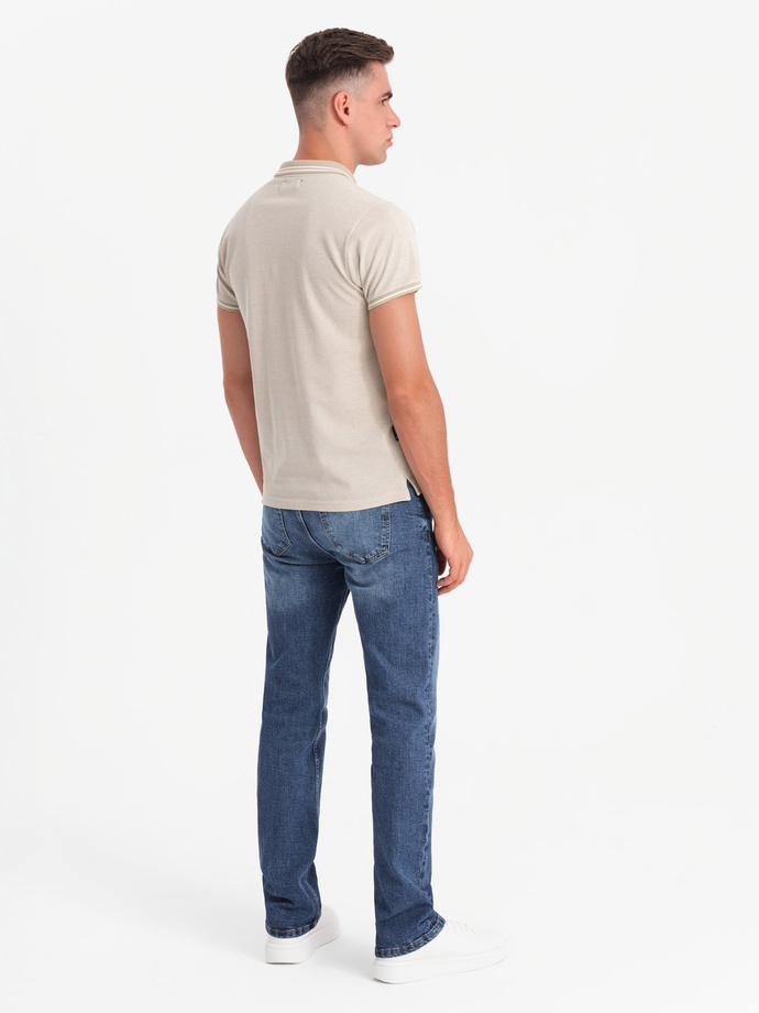 Men's melange polo shirt with striped collar - sand V4 OM-POSS-0109