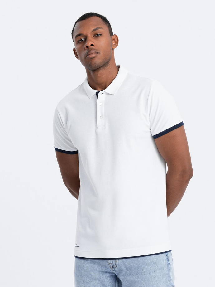 Men's cotton polo shirt with contrast trim - white V1 OM-POSS-0113