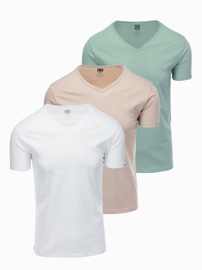 Zestaw bawełnianych koszulek męskich V-neck BASIC – szarozielony/biały/beżowy V14 OM-TSBS-0233 