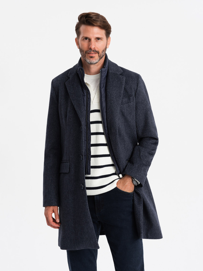 Unzipped men's wool coat - navy blue V1 OM-COWC-0121