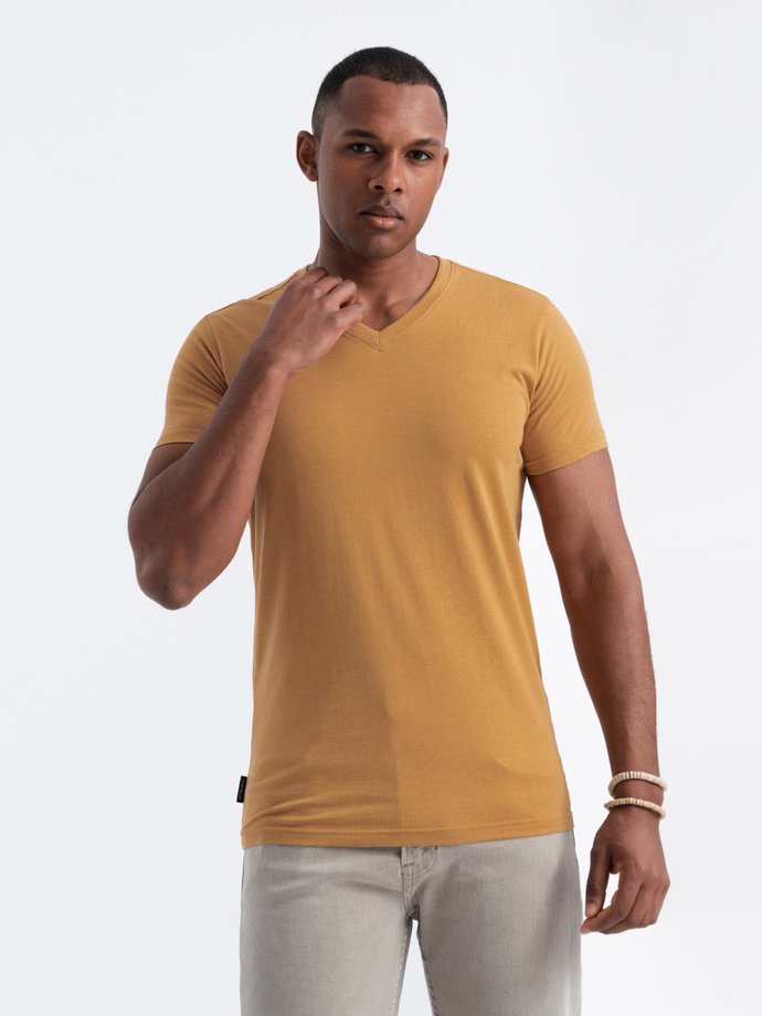 BASIC men's classic cotton T-shirt with a serape neckline - mustard melange V19 OM-TSBS-0145