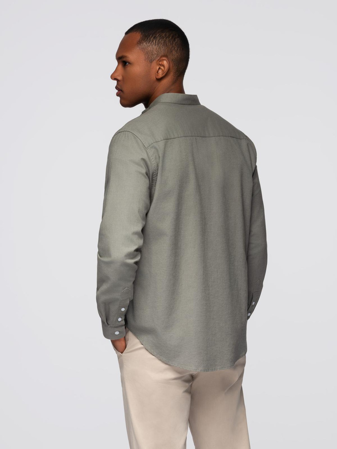 Męska koszula lniana ze stójką i kieszenią REGULAR FIT – khaki V6 OM-SHCS-0161