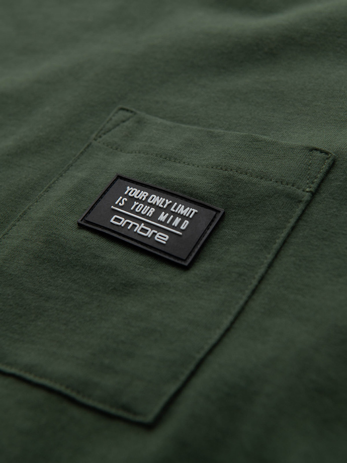 Casual men's t-shirt with patch on pocket - dark olive V4 OM-TSCT-0109