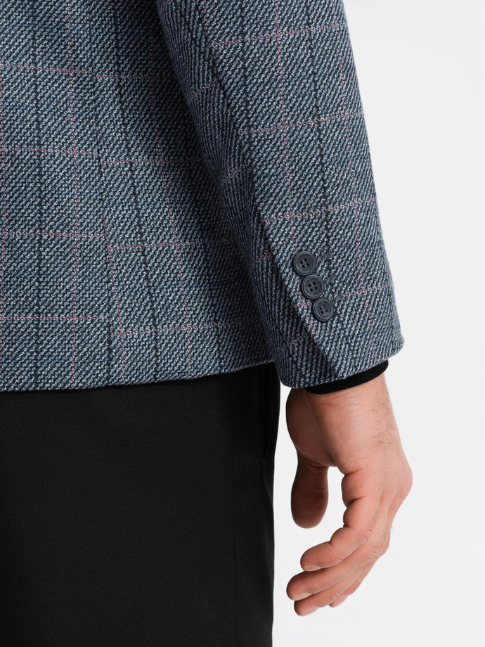 Żakardowa marynarka męska w delikatną kratę - grafitowa V1 OM-BLZB-0119