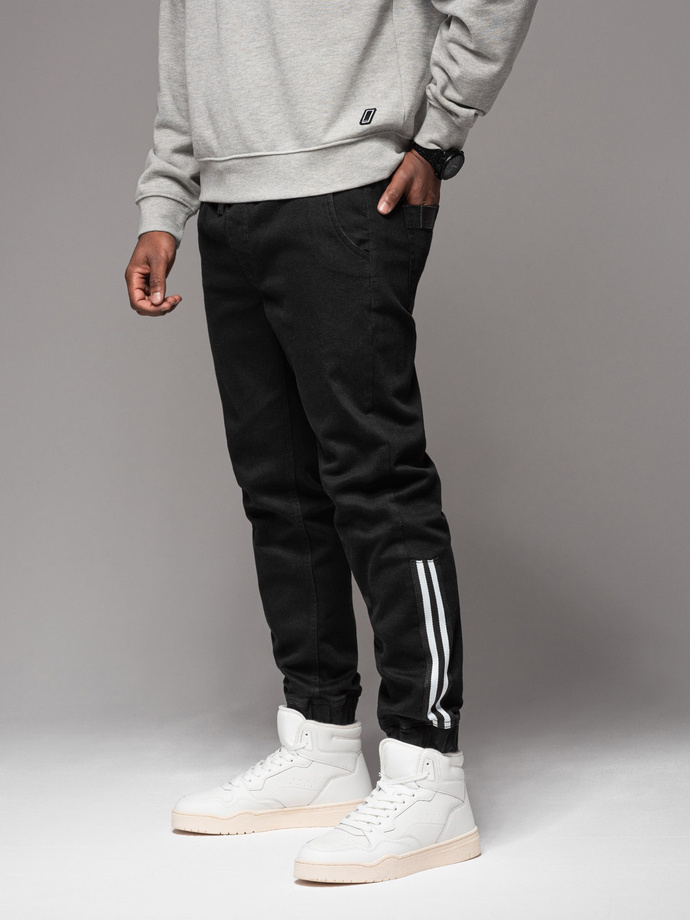 Men's denim joggers with piping - black V2 OM-PADJ-0156