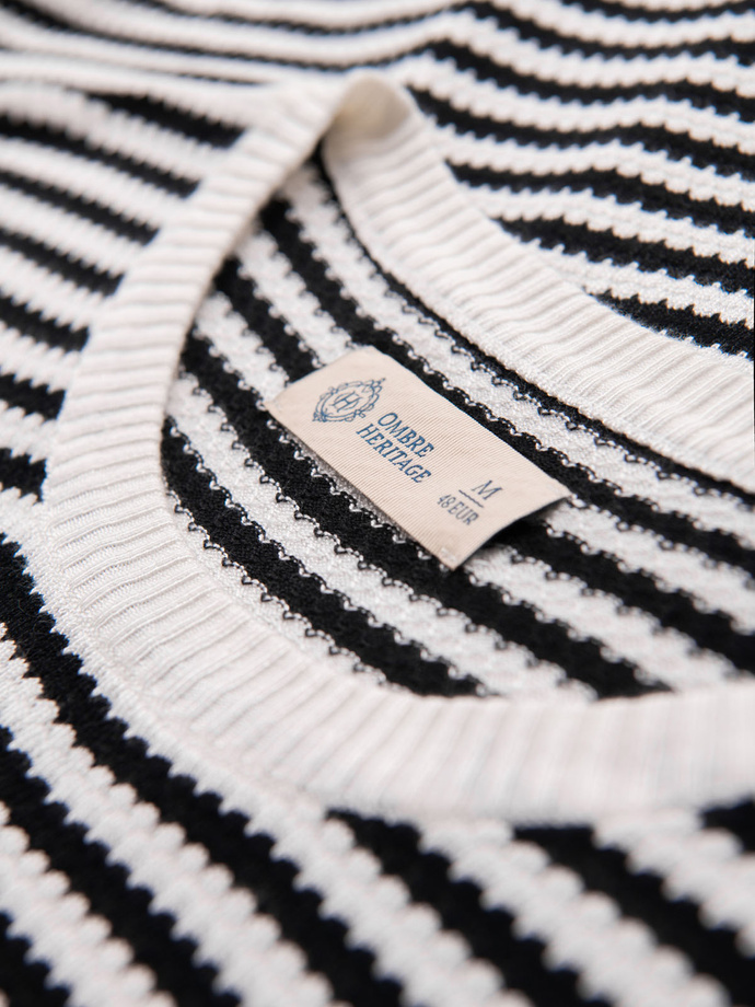 Men's knitted t-shirt with navy stripes and openwork weave - black and white V1 OM-TSCT-0255