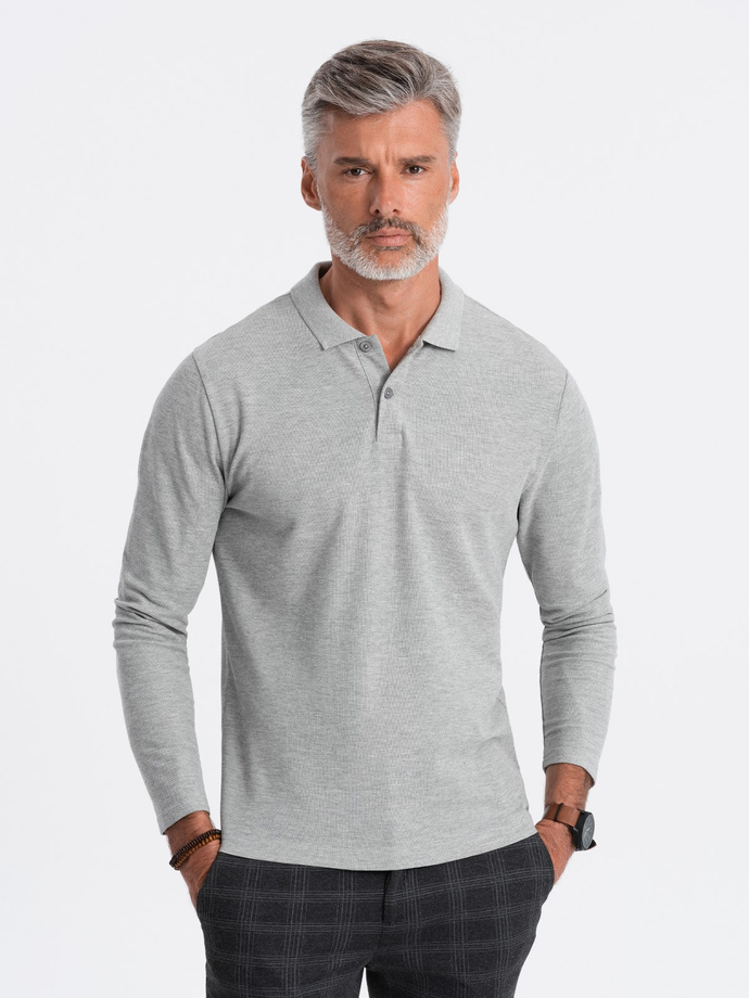 Men's longsleeve with polo collar - grey melange V4 OM-POBL-0114