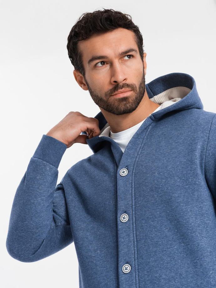 Men's button-down hooded sweatshirt - navy blue melange V1 OM-SSZP-0186