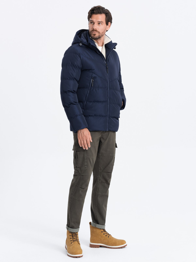 Men's winter jacket with unusual quilting - navy blue V4 OM-JAHP-0127