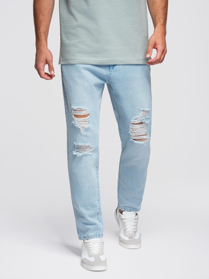 Spodnie jeansowe męskie CARROT FIT z przetarciami – jasnoniebieskie V1 OM-PADP-0250