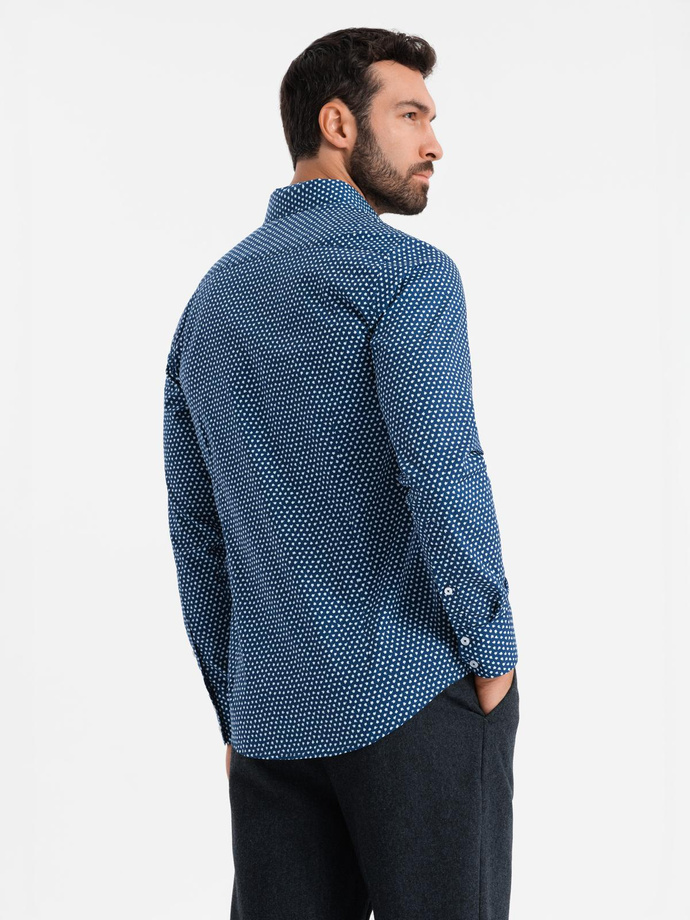 Męska koszula w drobny wzór SLIM FIT - granatowa V1 OM-SHCS-0140