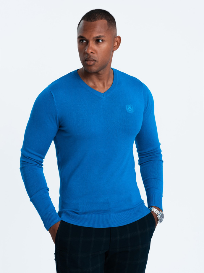 Elegant men's sweater with a v-neck - blue V19 OM-SWBS-0107