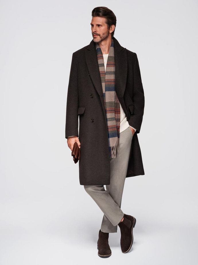 Men's double-breasted wool coat - dark brown V3 OM-COWC-0133