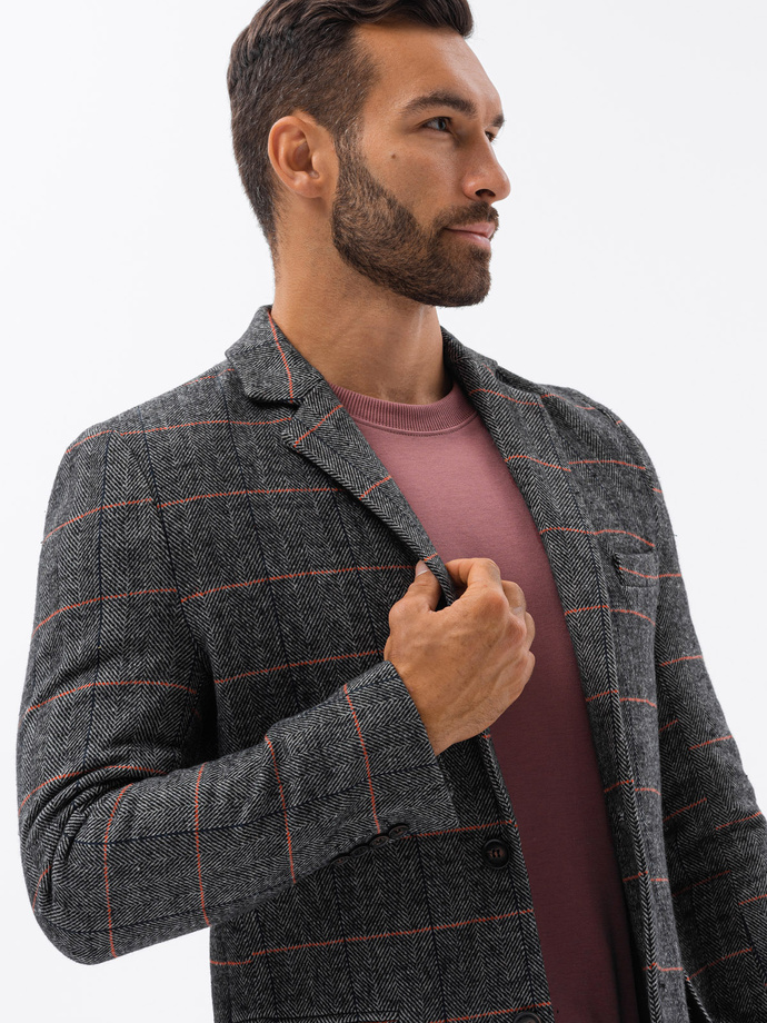 Jednorzędowy płaszcz męski w kratę - czarny V2 C500